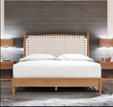 Rajasthan Niwar Solid Wood Bed With Handwoven Leather Headboard in White